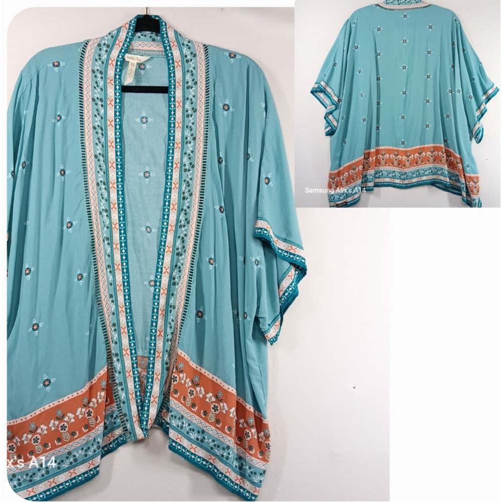 Matilda Jane Women's Floral Kimono Open Front Top Aqua Orange XS/S Boho Oversize